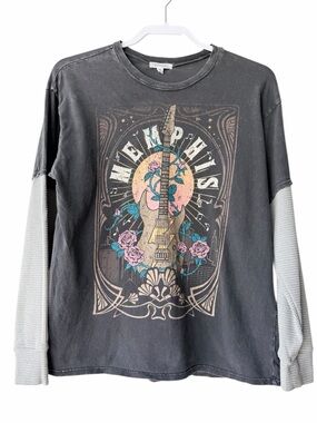 Stitch & Pine Memphis Guitar Graphic Layered Tee XS – Vintage Wash Rock Style